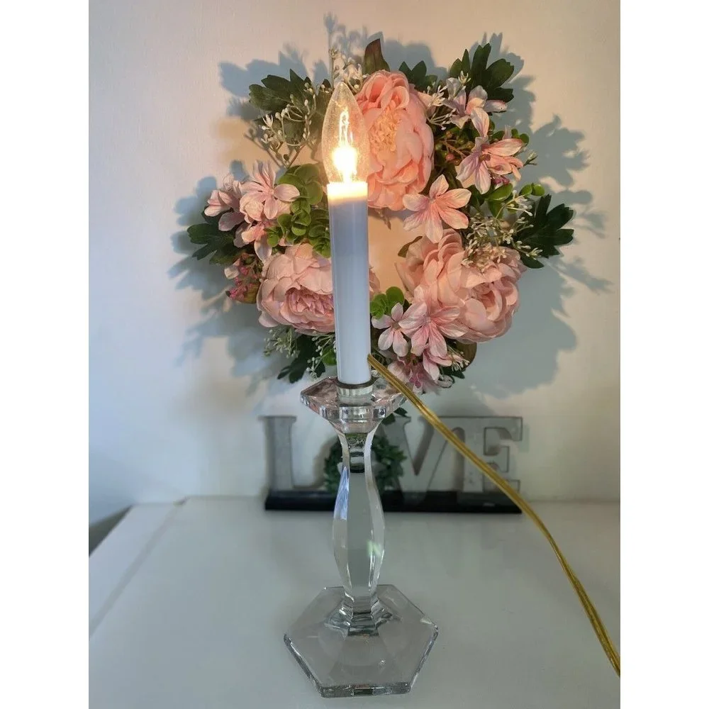 Vintage Clear Cut‎ Glass Crystal Candlestick Lamp 14” Table Lamp Working Light